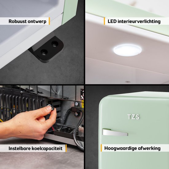 Close-up van een groene retro mini-koelkast: robuust ontwerp, LED-interieurverlichting, instelbare koelcapaciteit en hoogwaardige afwerking.