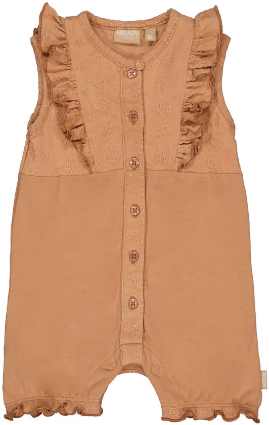 Bruine baby jumpsuit met bloemenpatroon bovenkant, ruches bij de schouders en knoopjes.