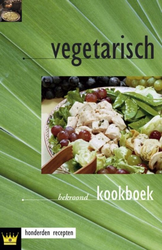 Vegetarisch kookboek met een salade van groenten, fruit en kaas.