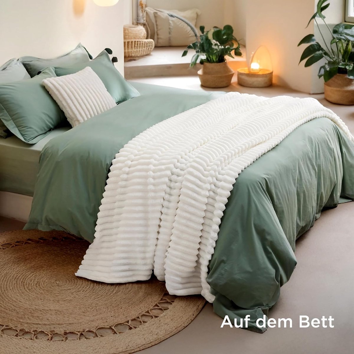 Famanu - Behaaglijke deken, wollige deken, fleecedeken, zacht, warm, grof ribdeken, comfortabele bankdeken, XXL, knuffeldeken, wolwit, 240 x 220 cm