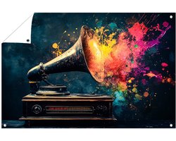 Vintage grammofoon met kleurenexplosie - Muziek posters - Poster van buiten grammofoon - Surrealistisch - Tuinaccesoires voor aan de muur - Tuin decoratie wanddecoratie - tuinposter 105x70 cm