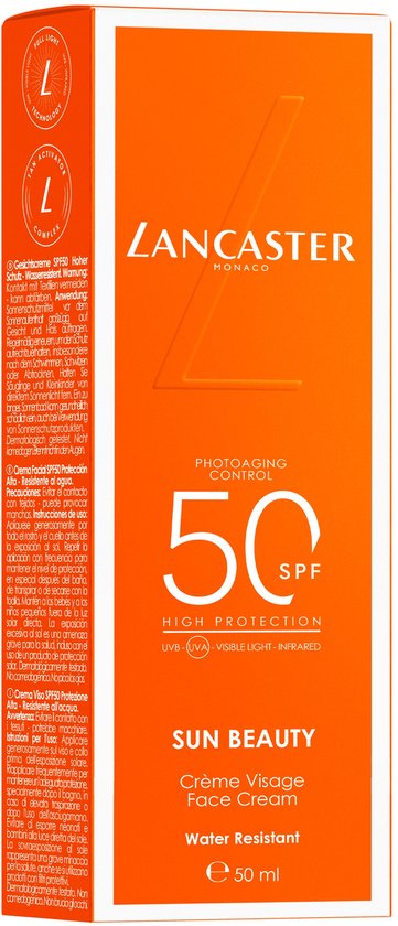 Lancaster Sun Beauty Face Cream SPF 50 tube en doosje. Met meertalige productinformatie.