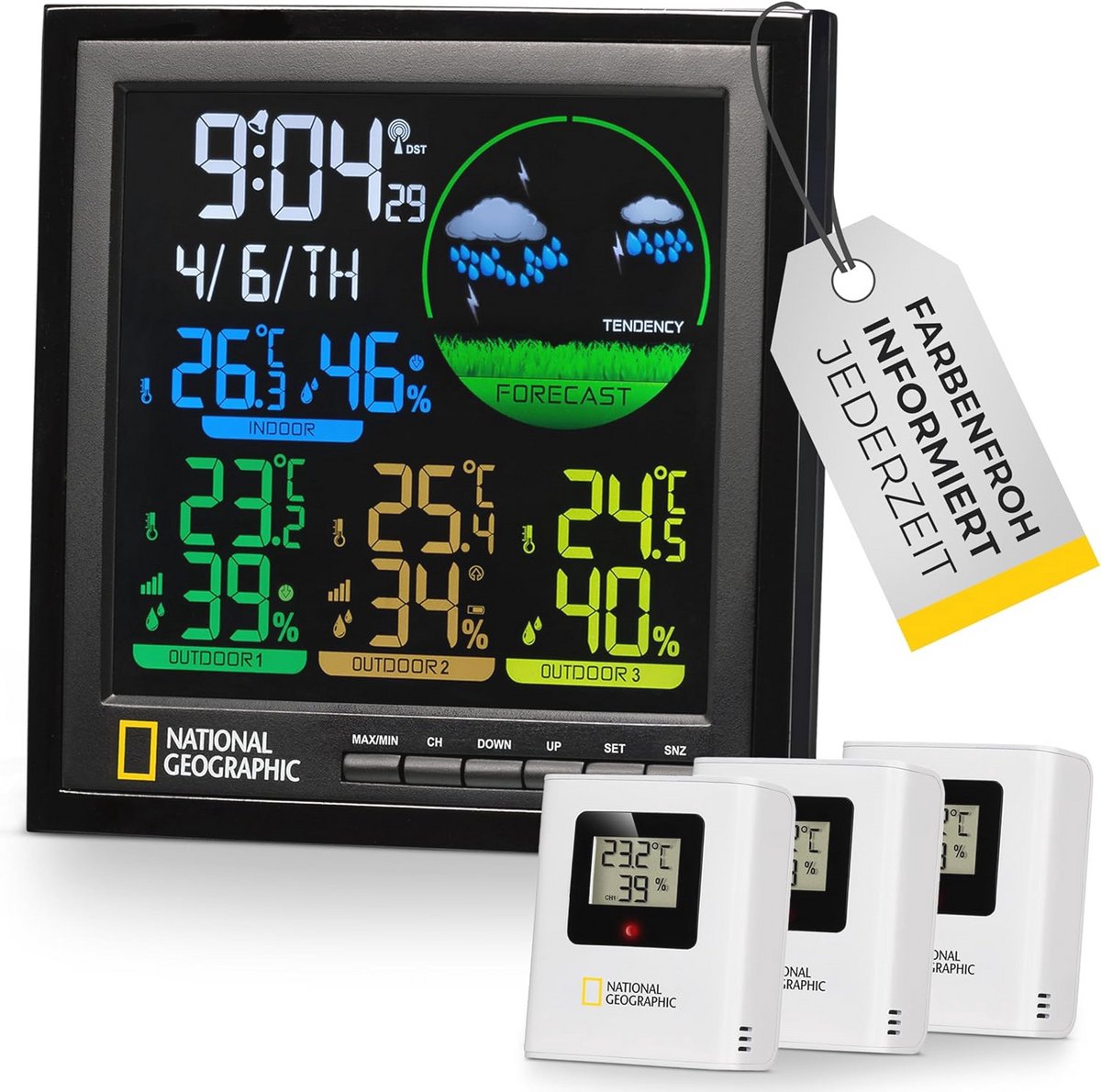 Weerstation radio met buitensensor en kleurendisplay voor binnen en buitenmetingen