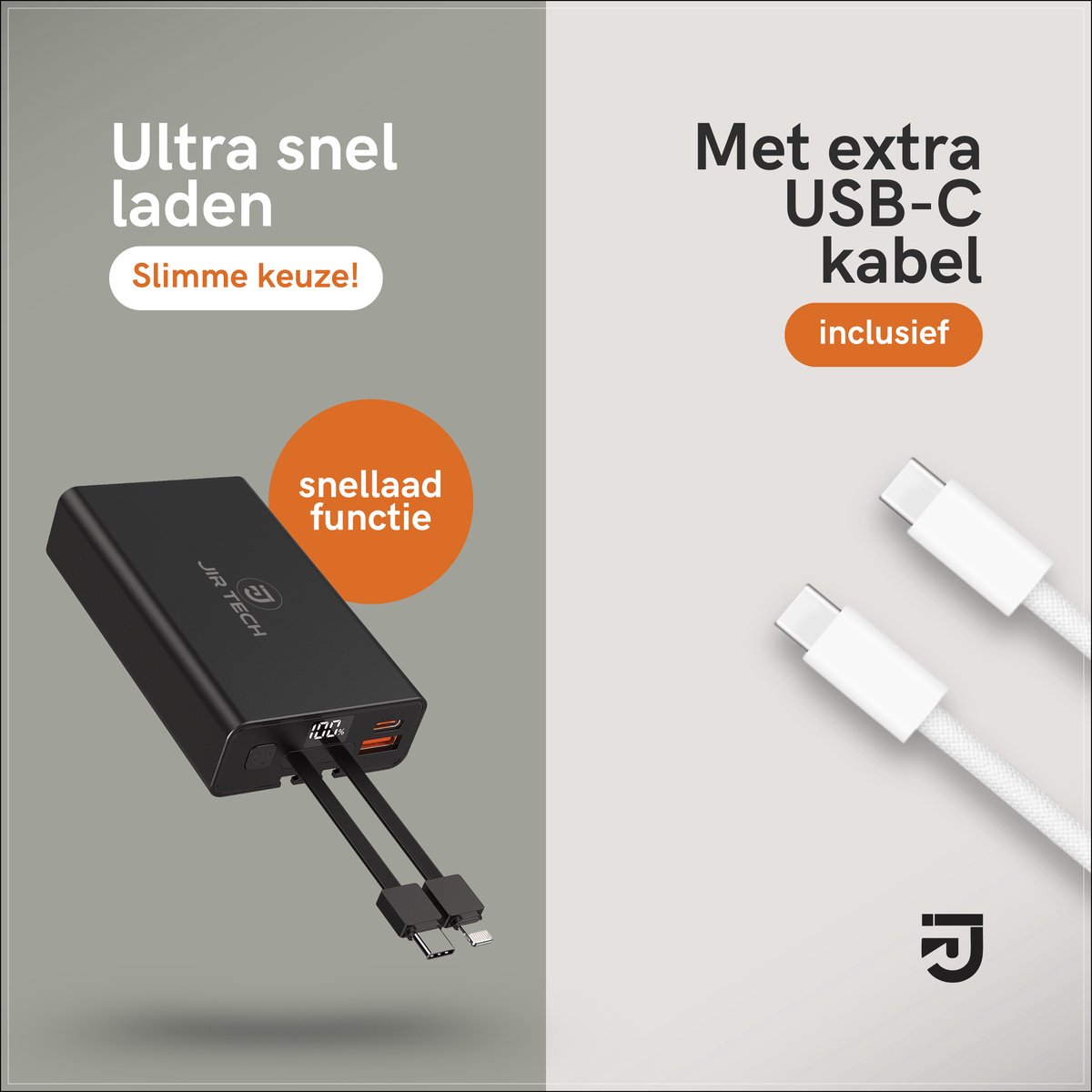 JIR Tech - 10000 mAh Powerbank - Snelladen - 2 Ingebouwde - afbeelding 3