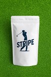 Witte, hersluitbare verpakking met een donkerblauwe afbeelding van een golfspeler en het woord 'STRIPE'.