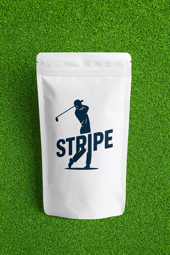 Witte, hersluitbare verpakking met een donkerblauwe afbeelding van een golfspeler en het woord 'STRIPE'.