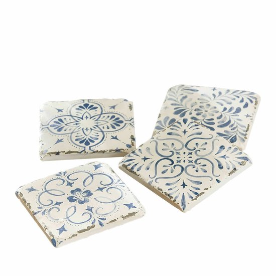 LOBERON Lot de 4 sous-verres Évry blanc/bleu