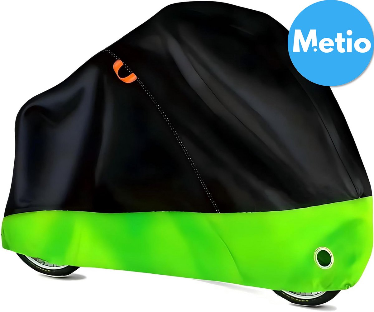 Metio – Waterdichte Fietshoes voor Buiten (195x70x110 cm) – UV-bestendige Regenhoes met Gespen, Vergrendelingsgat & Opbergtas – Winddichte Beschermhoes voor 1 MTB, Racefiets, E-Bike of Fatbike – Zwart/Groen