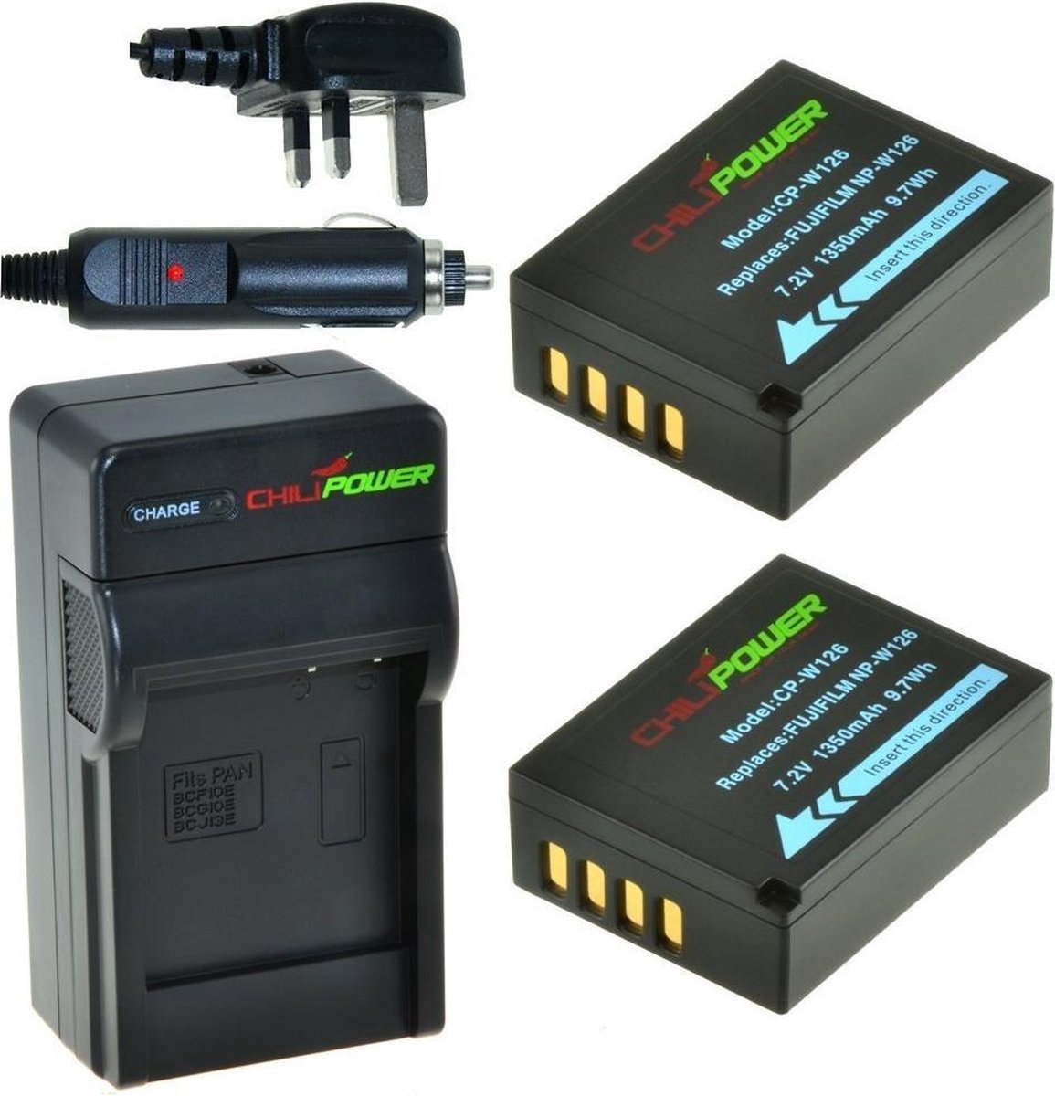 ChiliPower 2 x NP-W126 accu's voor Fujifilm - Charger Kit + car-charger - UK version