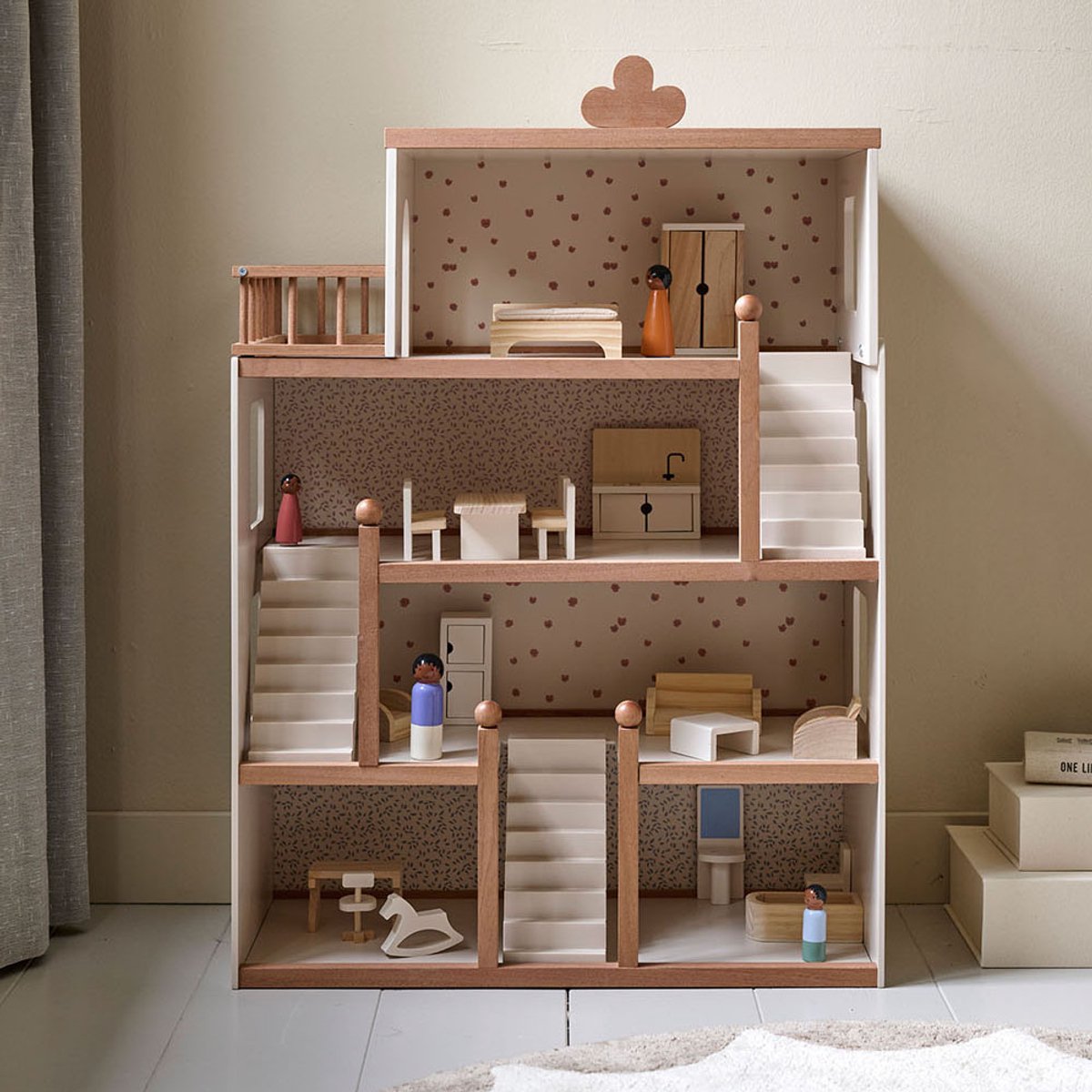 Petite Amélie Groot houten poppenhuis «Fleur» met 19-delige meubelset, 87 cm, beige en walnoot