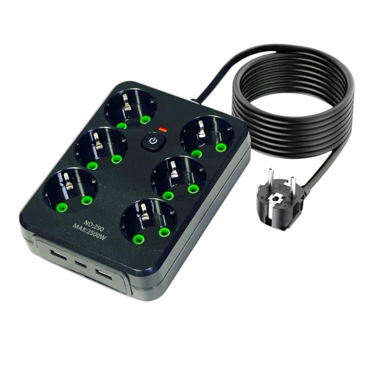 Lucky Hawk Power Socket - Zwart Stekkerdoos met 6 Stekkers en 2 USB ingangen + 1 USB-C - 2500W vermogen 2meter snoer