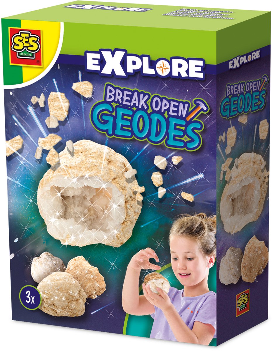 SES - Explore - Geodes open breken - echte kristallen van binnen - met 3 geodes stenen - Experimenteerdozen