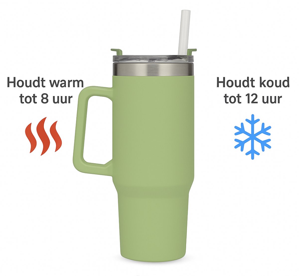 Narvie Thermosbeker 900ML – Dubbelwandig Roestvrij Staal met Rietje, Deksel en Handvat – BPA-vrije Vacuümbeker voor Koude en Warme Dranken – Groen