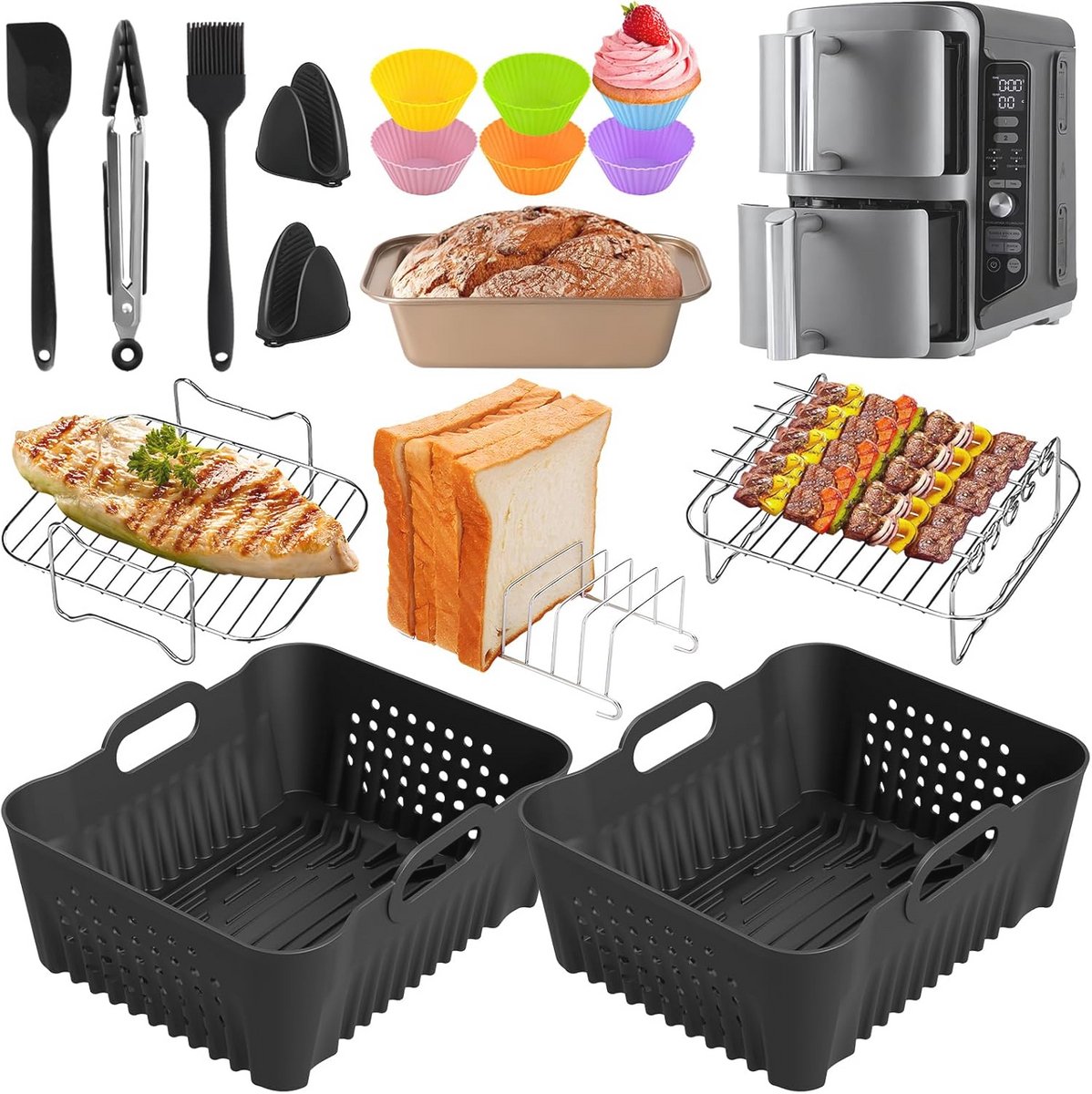 Siliconen Air Fryer Accessoires Set met Liners, Handschoenen, Grillrekken en Muffin Cups