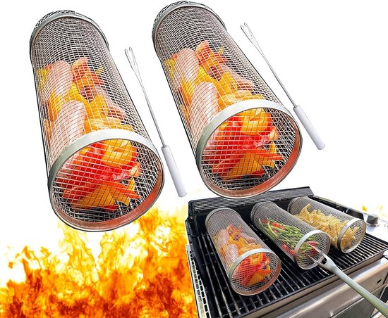 Foto: Dutchers 2x bbq grillmand rvs 304 cilindervormige barbecuekooi roestvrijstalen gaasmand voor barbecue rookoven barbecue accessoire hittebestendig keuken en buitenkookbenodigdheden