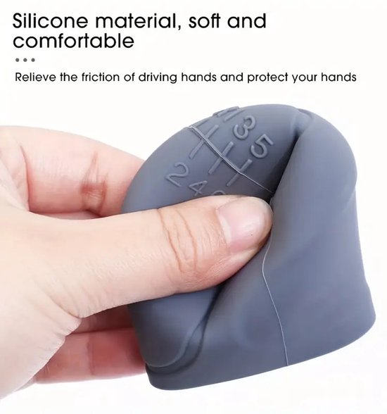 Grijze, flexibele siliconen pookknop met versnellingsindicator 1-5 en R. Zacht en comfortabel.