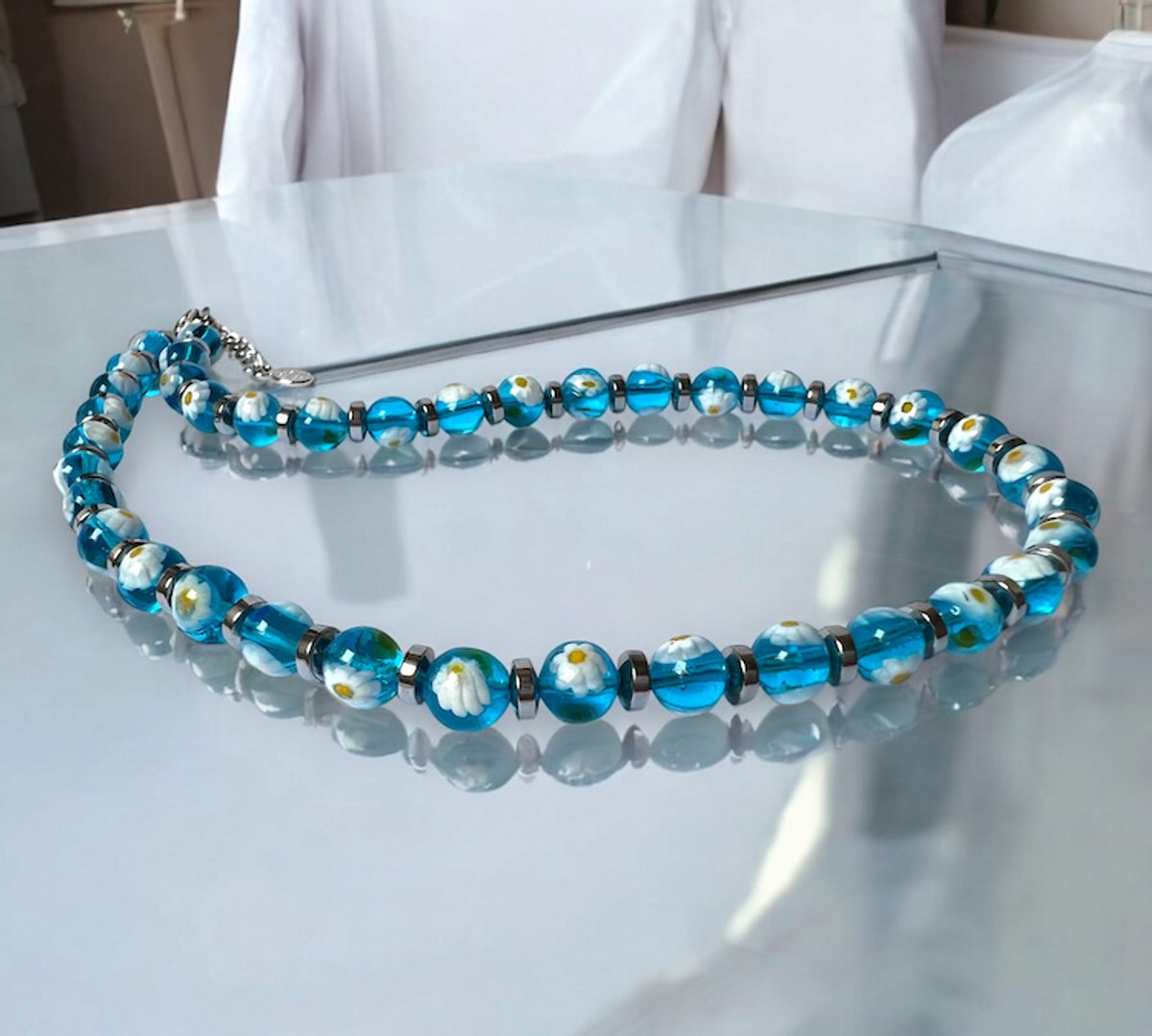 Corte Murrina - Murano glas halsketting - 'San Remo' Acqua trasparente- Blauw transparant - 43cm - Exclusief bij Bella Murano – Handgemaakt