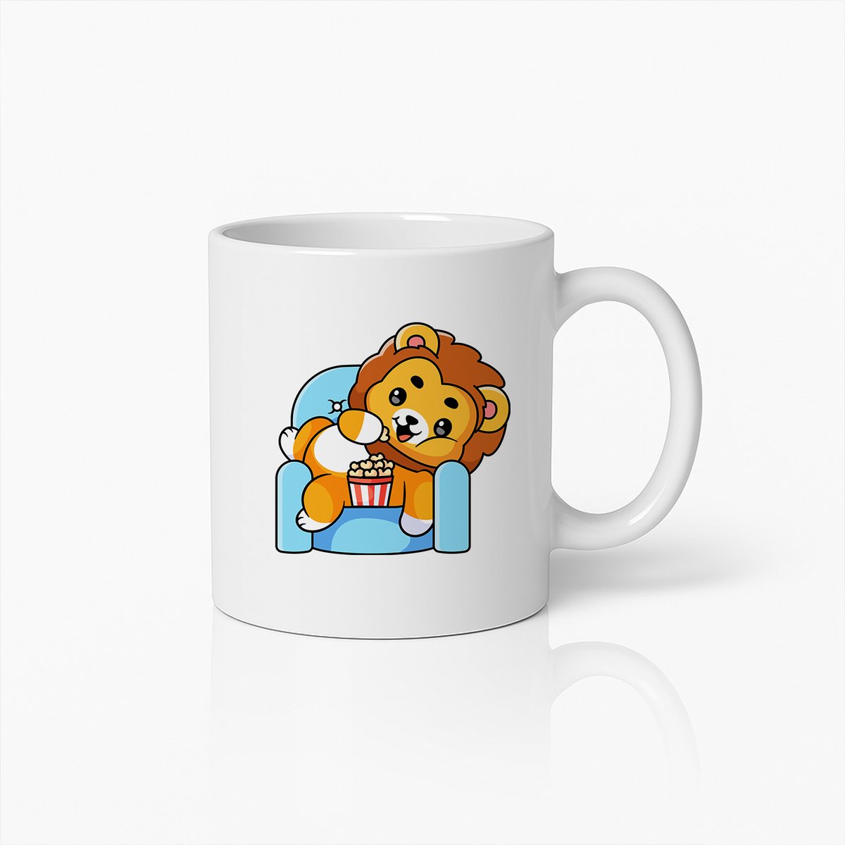 Schattige Luie Leeuw Beker – Lief Cartoon Leeuwtje Ontspant met Popcorn voor Kinderen & Dierenliefhebbers – 330ml Keramische Mok