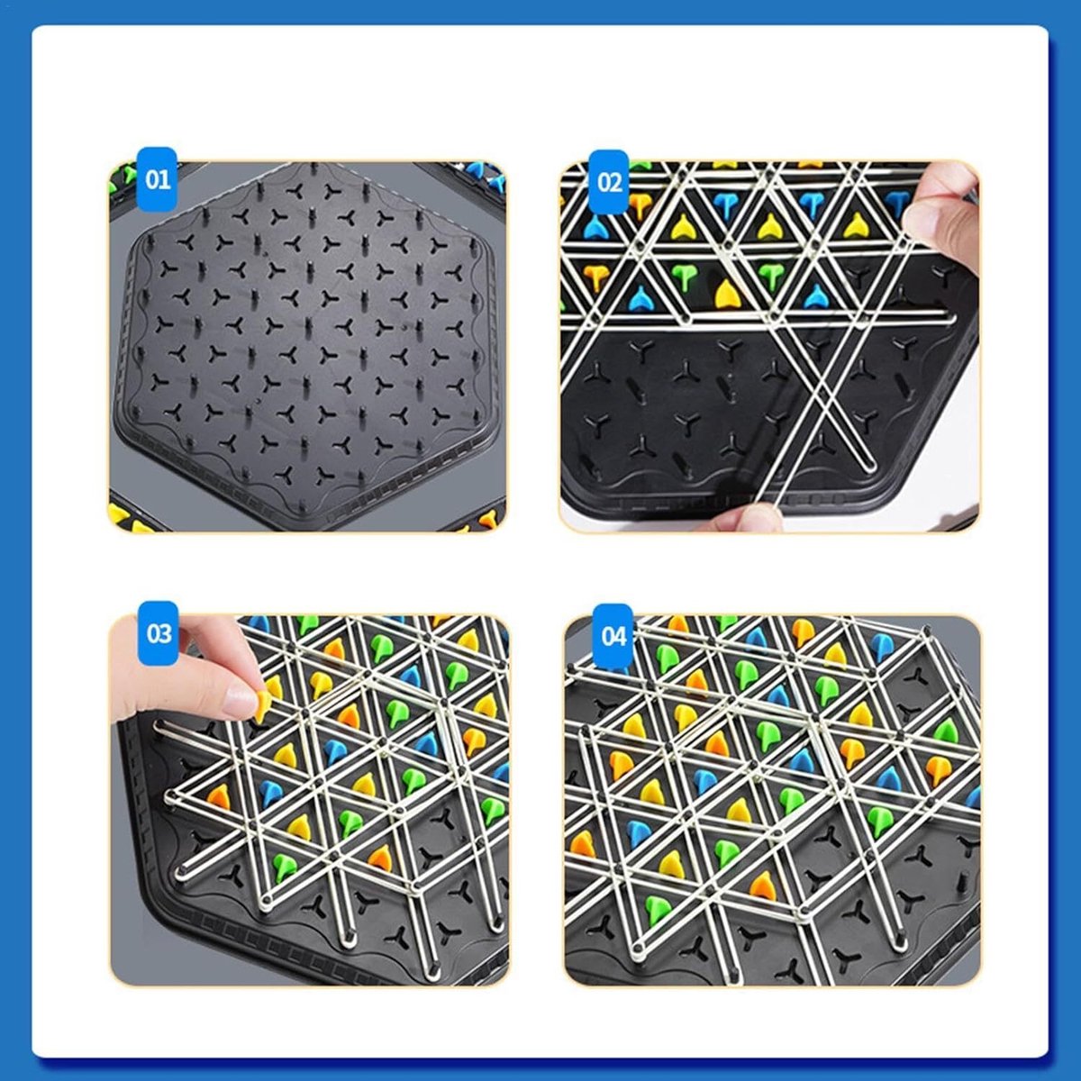 Triggle Spel elastiekjes, triggle spel, driehoek schaakspel, spel met elastieken driehoek, triggle spel met elastieken, brain spellen, triggle driehoeksschaakbordspel voor 2-4 personen