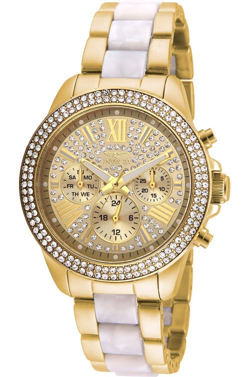 Invicta Angel 20511 Dames Horloge - Waterdicht - Analoog - Quartz Uurwerk - Roestvrij Staal met gouden Wijzerplaat - 38mm