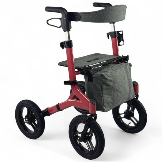 Rollator Plaza Outdoor - Grote luchtbanden - Opvouwbaar - Inclusief tas, stokhouder, drinkbekerhouder en rugband - Buiten rollator - Rood - Scootplaza