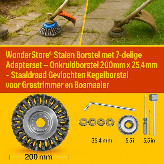 WonderStore© Stalen borstel met 7-delige adapterset, onkruidborstel 200 mm x 25,4 mm, staaldraad gevlochten, kegelborstel voor grastrimmer, bosmaaier, tegen onkruid, mos, hardnekkige afzettingen en verontreinigingen van WonderStore — afbeelding 4