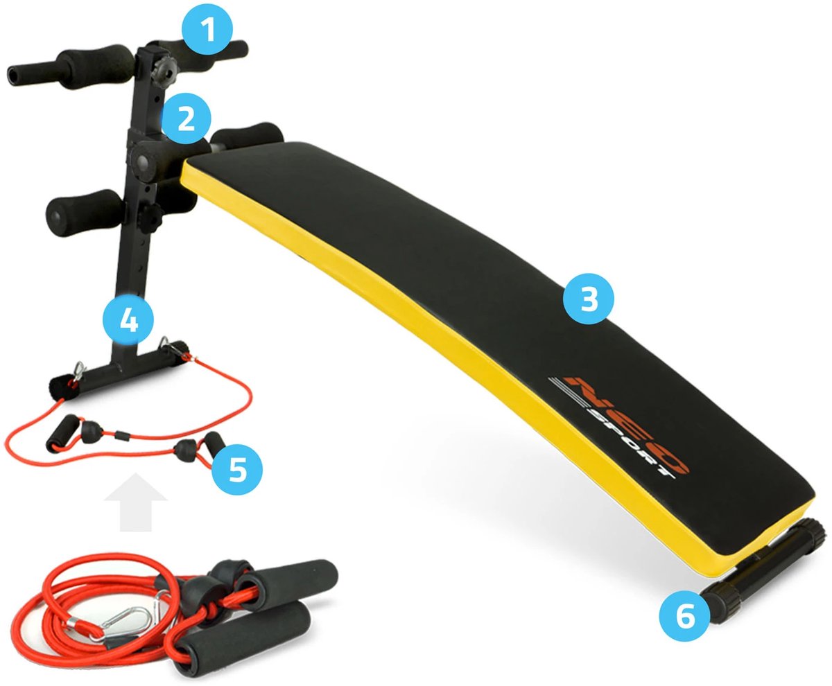 Neo-Sport NS-08G Banc De Fitness Pour Abdominaux - Angle Réglable 5°, Support Supérieur 2°, Mécanisme Pliable, 2 Expandeurs, Charge Max 100 Kg, Longueur 133 Cm