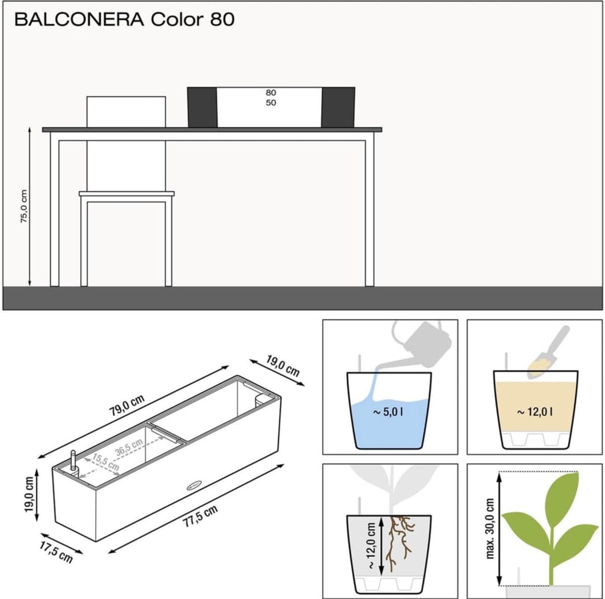 Lechuza Balconera Color 80 - Jardinière - avec pot intérieur amovible