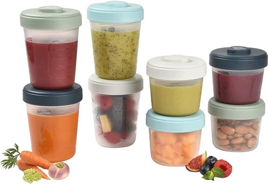 BÉABA, Set van 2 porties voor babymaaltijden/glas, duurzaam, 100% luchtdicht, bestand tegen koude hitte, invriezen, sterilisatie, schaalverdeling, 150 ml, salie/mineraalgroen