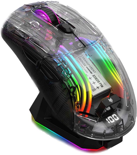 NAXSIR XYH20pro Tri-Mode Gaming-Muis – Transparant Design met RGB-Illuminatie • Geluidsarme Tasten • 5-Stap DPI (tot 4000) • 4000 FPS • Magnetisch Draadloos Ladestand
