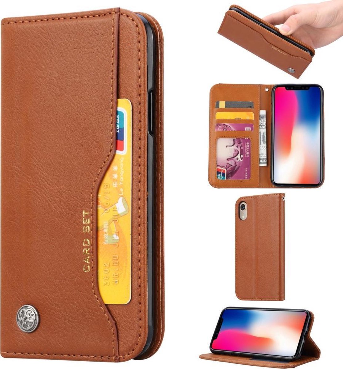 PU Leren Wallet case - iPhone XR - Card Set - Bruin