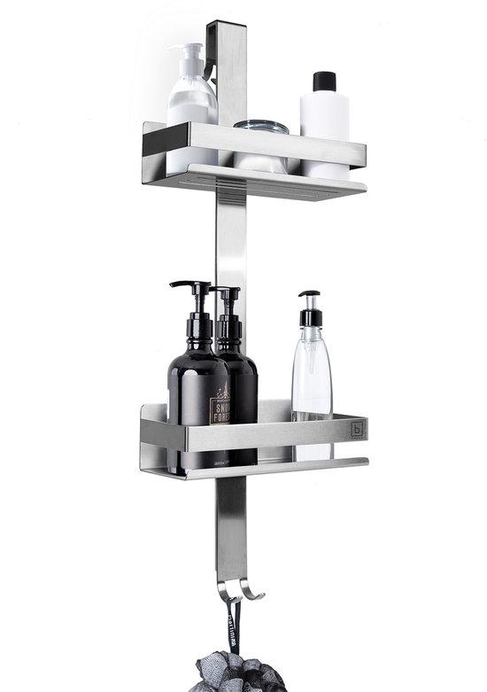 Een zilverkleurig metalen doucherek met 2 mandjes, dispensers en een hangertje voor een washandje.