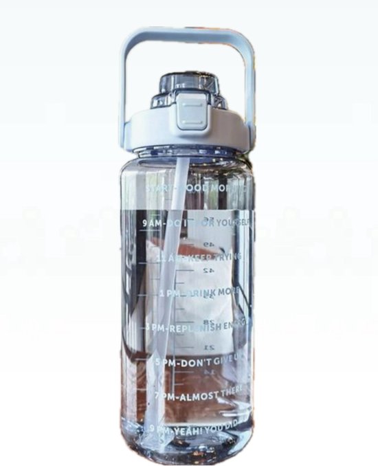 Motivatie Drinkfles- Blauw- Fles- 2L fles- Waterfles met rietje- Bidon- 2 liter Waterfles- Water drinken- Fles met tijden- Sportfles-