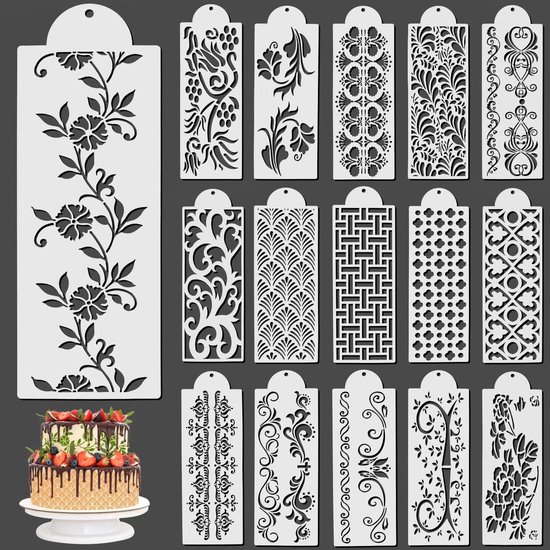 Set van 12 stuks broodsjablonen 15 x 15 cm, decoratie voor taarten en muren, scrapbook DIY, herbruikbare schildersjablonen Set van 12 stuks broodsjablonen 15 x 15 cm, decoratie voor taarten en muren, scrapbook DIY, herbruikbare schildersjablonen