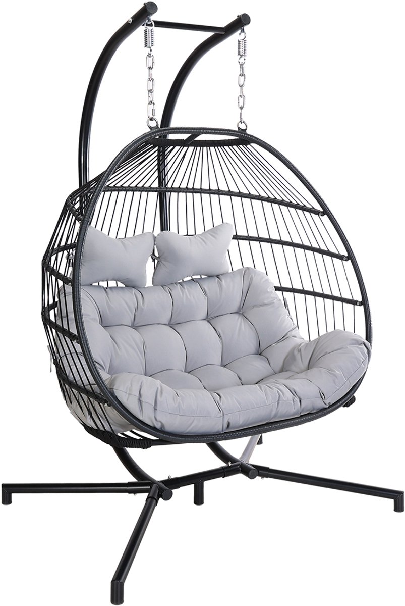 Ogarden Hangstoel Alta - 2 Persoons Hangstoel met Zwart Standaard - Grijs Kussen - Opvouwbare Basket - Voor Binnen & Buiten