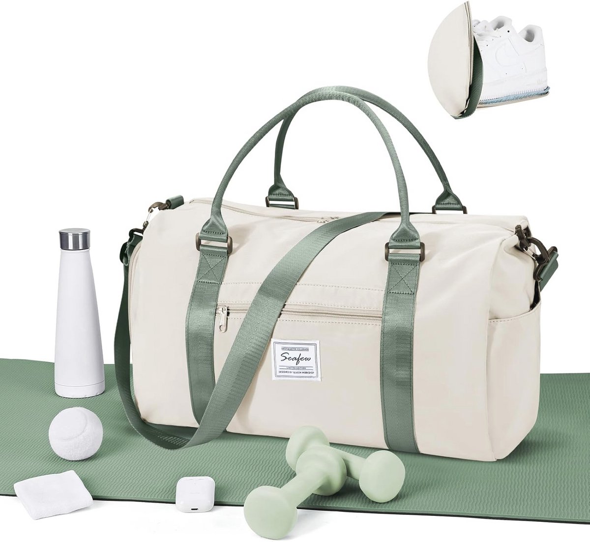 Sporttas met Schoenenvak - Waterdichte Reistas voor Sport en Reizen - Beige Groen