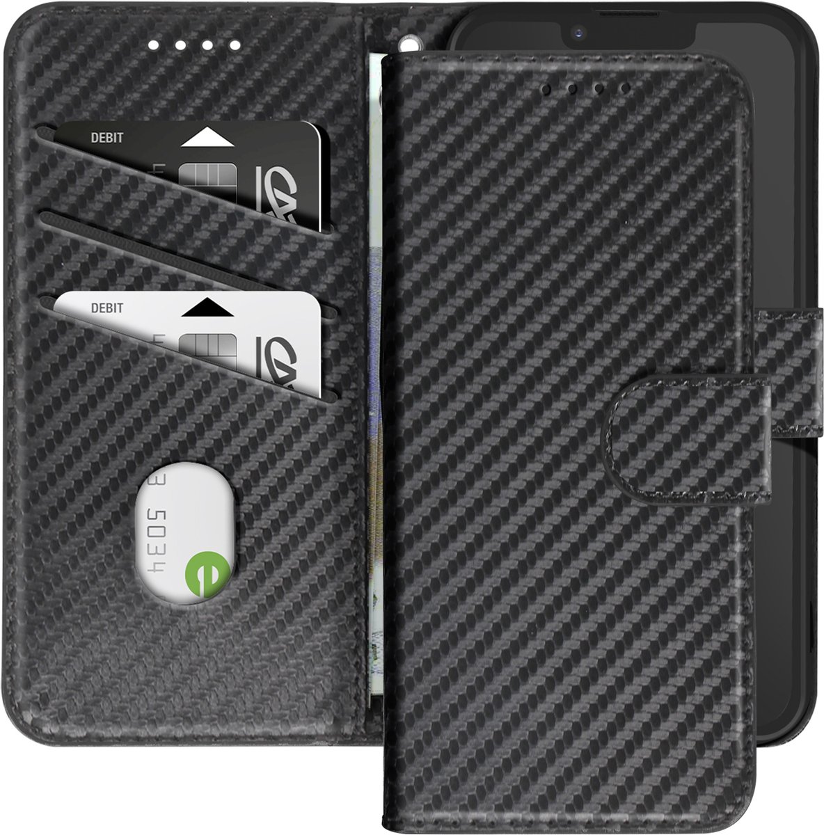 Avizar Carbon hoesje Geschikt voor Apple iPhone 16e met polsbandje, Zwart