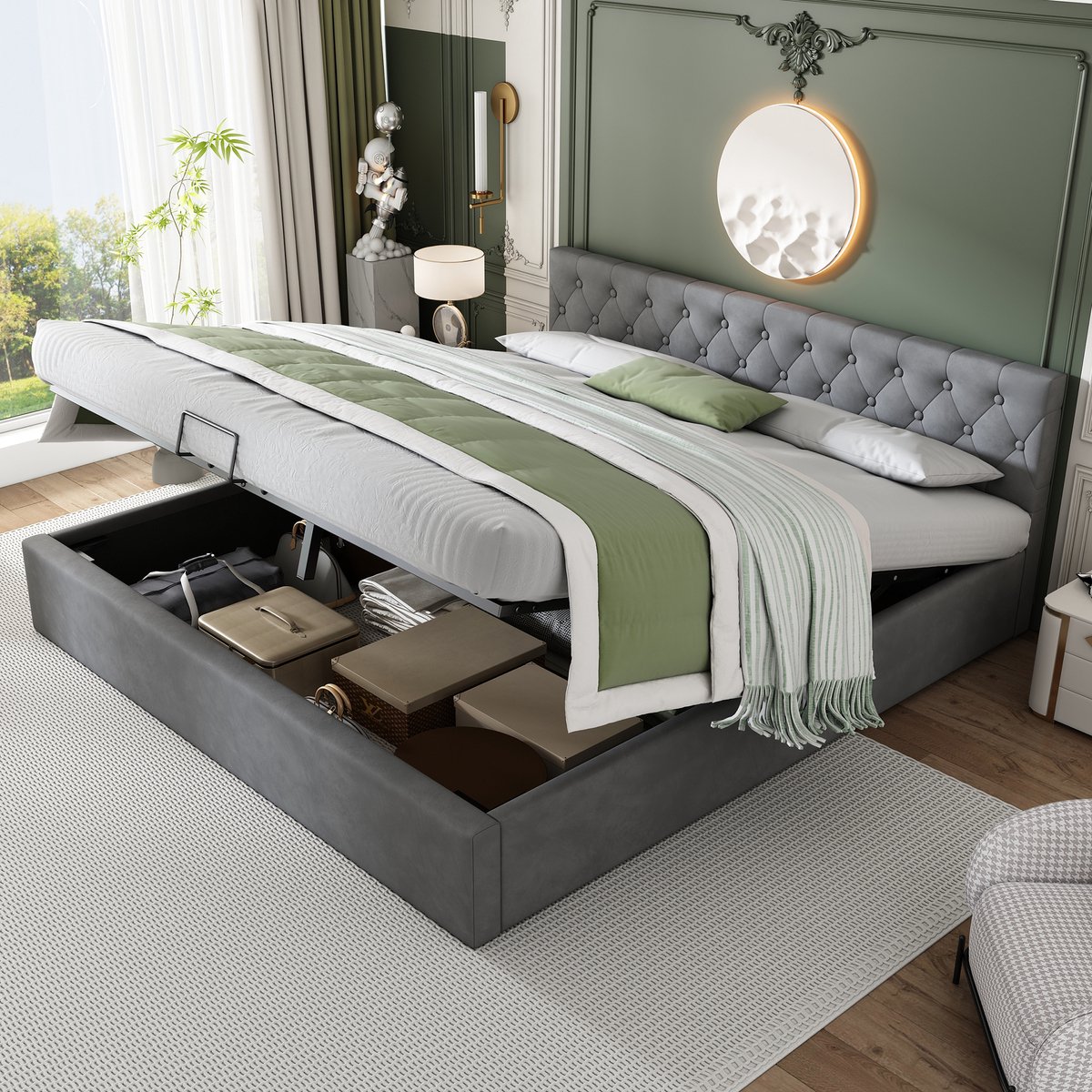 Merax Grijs Gestoffeerd Bed 180 x 200 cm - Opbergbed met Opbergruimte - Tweepersoonsbed - Zonder matras