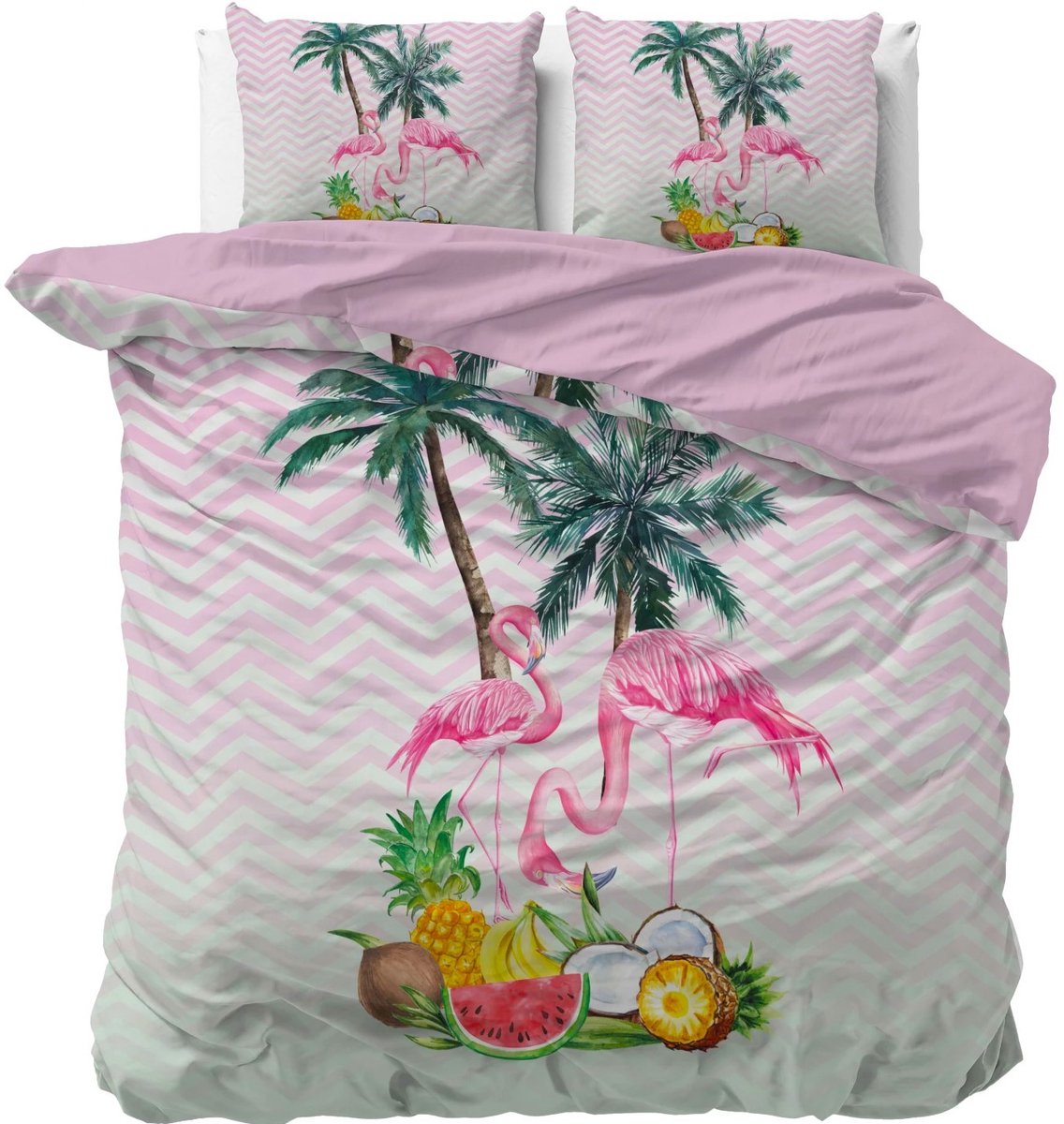Sleeptime Lits-jumeaux dekbedovertrek (dekbed hoes) roze – wit met flamingo’s (vogels) onder palmbomen met tropisch fruit (ananas, meloen, kokosnoot, bananen) 240 x 220 cm (trendy meiden beddengoed!)