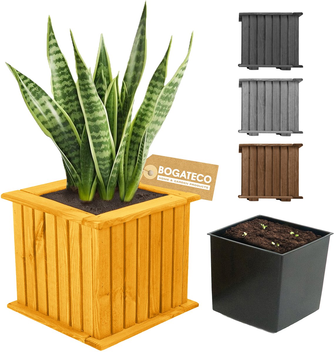 BOGATECO houten bloembak | Plantenbak | Bloempot 25 x 25 x 25 cm | Kruidenpot voor huis tuin balkon terras | Pot met kunststof inzetstuk | Waterdicht | Lichtbruin