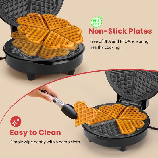 Aigostar Wafelijzer - 5 hartvormige wafels - Met Regelbare Temperatuur - 1000W - Anti aanbaklaag - Zwart - RVS - Crunchy van Aigostar — afbeelding 3