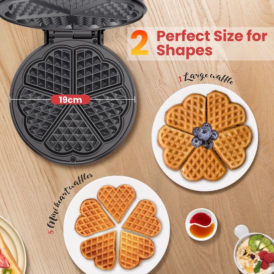 Aigostar Wafelijzer - 5 hartvormige wafels - Met Regelbare Temperatuur - 1000W - Anti aanbaklaag - Zwart - RVS - Crunchy van Aigostar — afbeelding 5