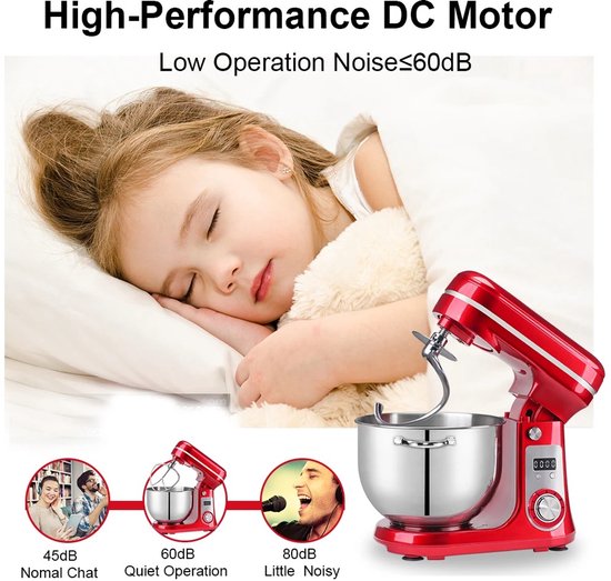 Keukenmixer - Stand Mixer - Deegmixer - Foodprocessor - Elektrische Mixer - 6 Snelheden - 6 Liter RVS Mengkom - Garde - Klopper - Deeghaak - Stil - Krachtig - Met LED-display - BPA-vrij - Antislip - Rood van Royalty Line — afbeelding 2