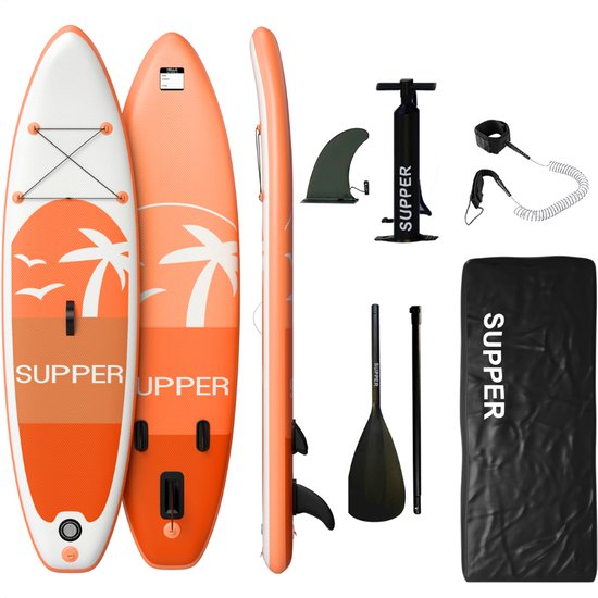 Supper Sup Board - Opblaasbaar Paddle Board - 285 x 76 cm - Max. 120KG - Inclusief Verstelbare Peddel - Pomp - Vin - Leash & Draagtas - Oranje