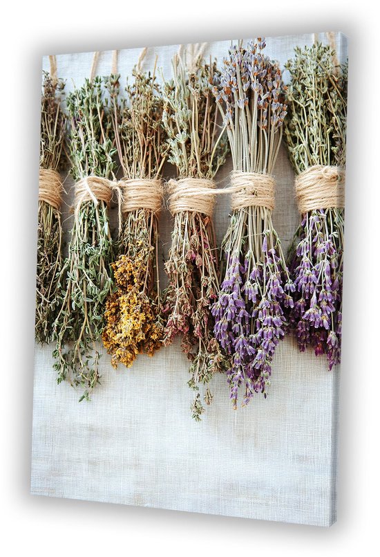 Herbes séchées attachées à une corde - Peinture d'herbes sur toile - Peinture sur toile plantes - Nature morte - Art décoratif - Toile cuisine - toile 80x120 cm