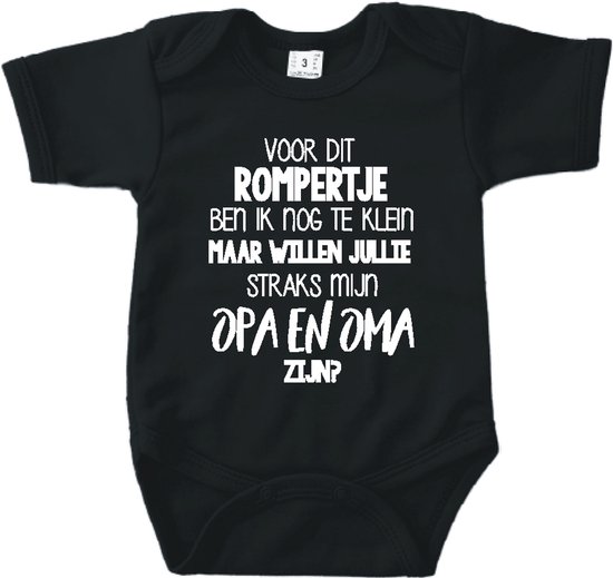 Barboteuse Bébé avec texte d'annonce de grossesse | Je suis encore trop petit pour cette barboteuse, mais aimerais-tu être mes grands-parents ? | Noir | manche courte | annonce de grossesse cadeau taille 56 |Cadeau 100% coton.