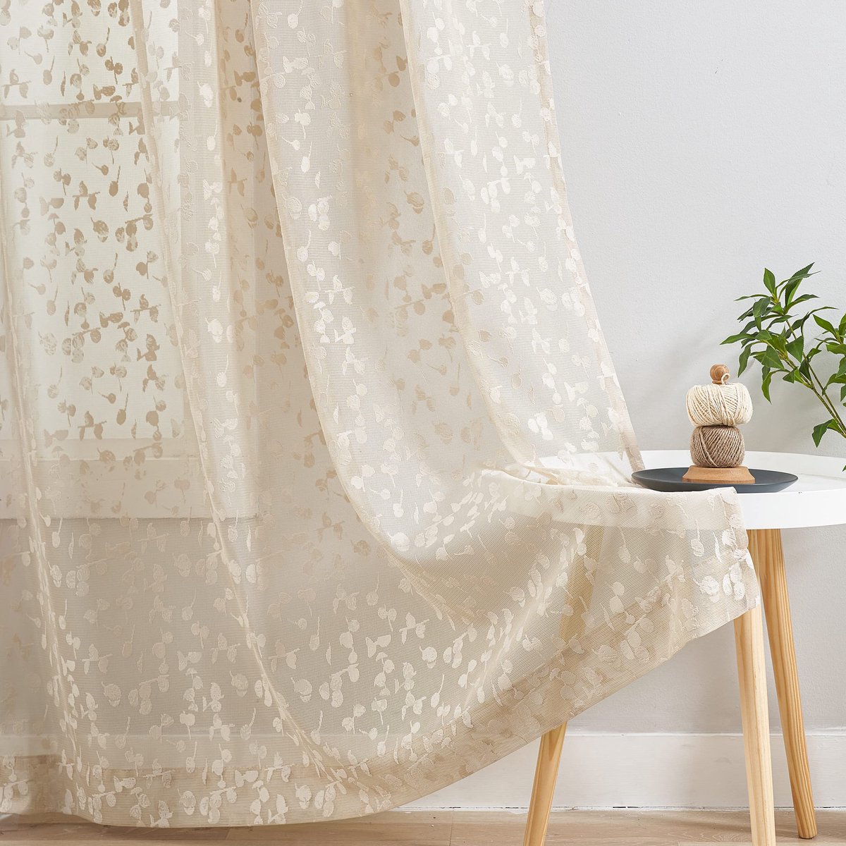 Ibenzoa Elegante Beige Gordijnen met Bladmotief en Oogjes voor Stijlvolle Interieurs