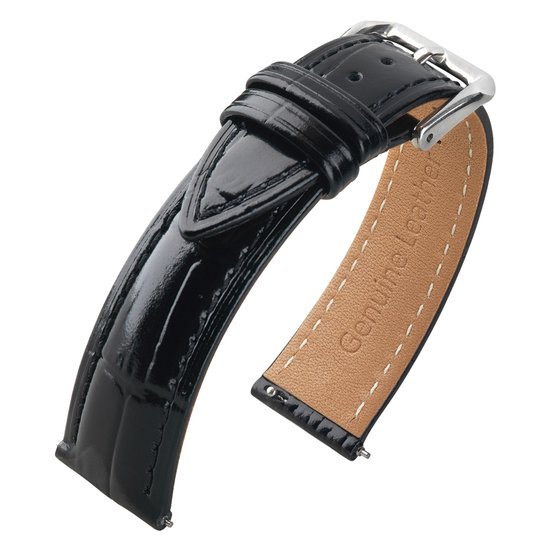 Gros plan d'un bracelet de montre en cuir noir verni crocograin avec boucle argentée.