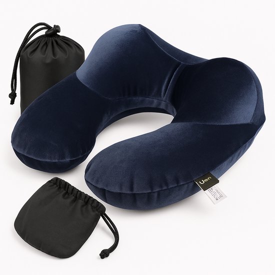 Opblaasbaar nekkussen – fluweel – u-vorm – blauw – met tasje
