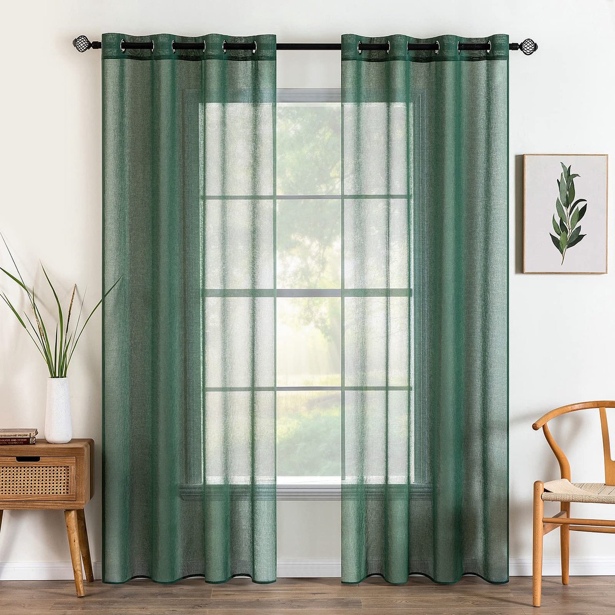 Ibenzoa Stijlvolle Transparante Gordijnset voor Slaapkamer en Woonkamer met Ingestanste Ringen - 140x225 cm, Donkergroen